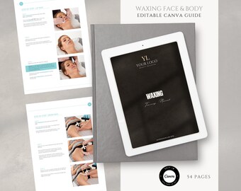 May include: A beauty guide with the text "WAXING FACE & BODY EDITABLE CANVA GUIDE" and "WAXING Training Manual" on a tablet. The guide includes step-by-step images of waxing procedures. The guide is 54 pages.