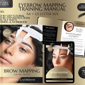 May include: A digital training manual for eyebrow mapping, featuring a step-by-step tutorial, practice sheets, and a workbook. The cover features a woman with a ruler measuring her eyebrows. The manual is available in A4 and US Letter sizes.