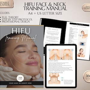 Puede incluir: Un manual de formación para tratamientos HIFU de cara y cuello. El manual tiene 160 páginas e incluye la teoría completa, protocolos paso a paso y un diseño profesional. La portada presenta el rostro de una mujer con líneas dibujadas para mostrar las áreas de tratamiento.