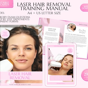May include: A pink and white training manual for laser hair removal with a cover image of a woman receiving a treatment. The manual includes 290 pages and covers theory exam questions, step-by-step treatments, and consent forms.  The manual is available for instant download and is editable in Canva.