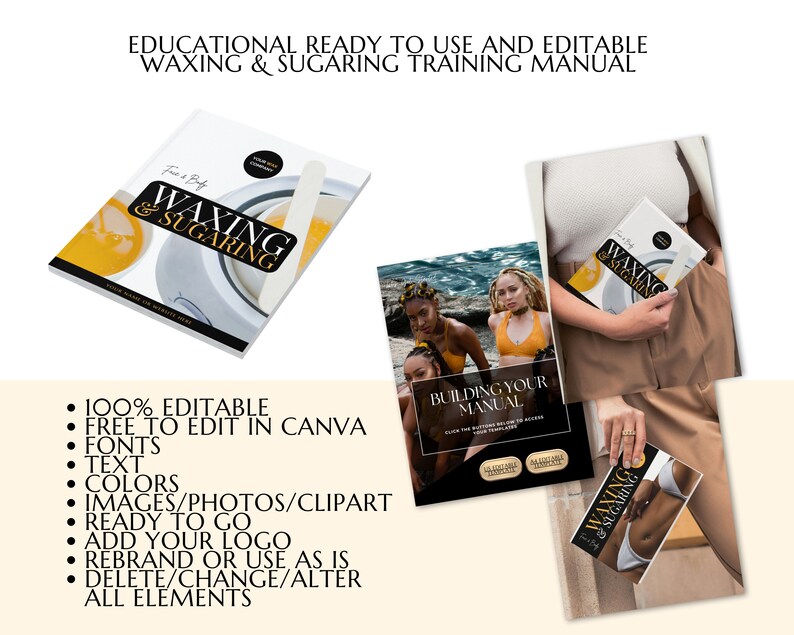 Face & Body Waxing Training Manual including Sugaring, Estheticians Waxing Guide, Learn or Teach, Wax eBook, Waxing Guide, Edit in Canva
