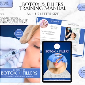 May include: A blue and white training manual for Botox and fillers. The manual includes 200 pages of information and is suitable for beginners. The cover features a close-up image of a woman receiving a Botox injection.