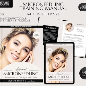 May include: A digital training manual for microneedling, featuring a woman with a bright smile and the text "Advanced Microneedling Training Manual". The manual is 340 pages long and includes step-by-step instructions and advanced protocols.