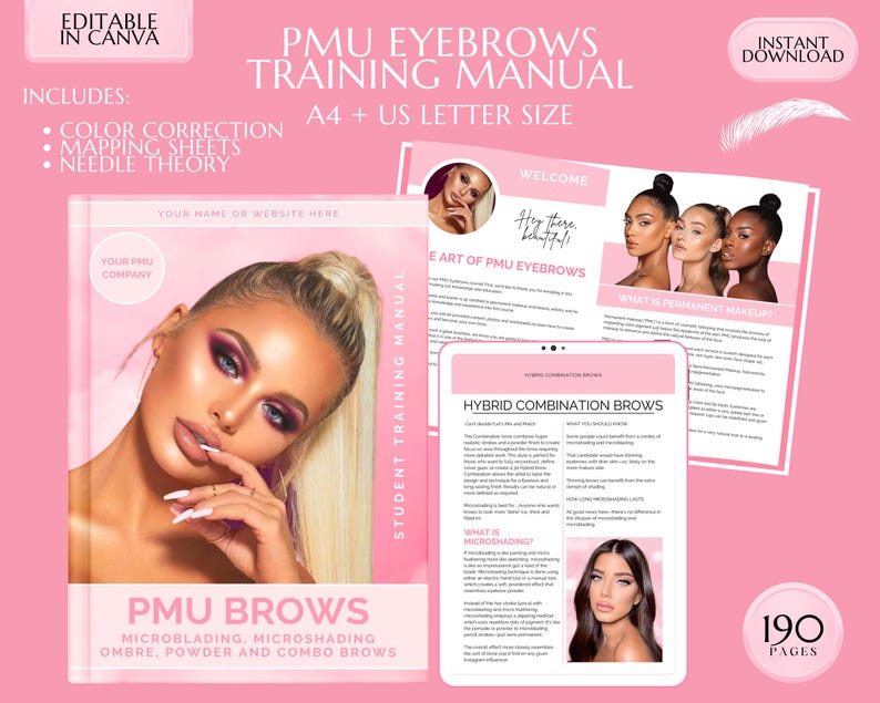 PMU Manual, Microblading Brows Training, PMU Course, Microshading, Ombre Powder Brows, Color Correction, Combo Brows Guide, Editable