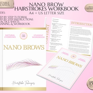 May include: A pink and gold workbook titled "Nano Brows Hairstrokes Workbook" with the text "150 Pages" on the bottom right corner. The workbook includes step-by-step tutorials, practice sheets, and a student workbook.