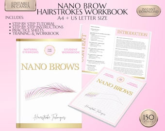 Nano Brows Hairstroke Techniques Training Manual, PMU Student Workbook (Editable in Canva, PDF)