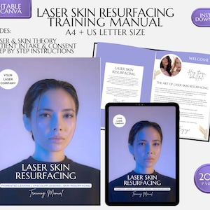 May include: A purple and white training manual for laser skin resurfacing. The cover features a woman's face with blue and pink lighting. The manual includes 200 pages of information on laser skin resurfacing, including laser and skin theory, patient intake and consent, and step-by-step instructions. The manual is editable in Canva and available for instant download.