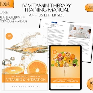 Op de afbeelding: Een digitale trainingshandleiding voor IV-vitaminetherapie, met een omslag met een kleurrijke illustratie van fruit en de tekst "Intraveneuze Therapie Vitamines & Hydratatie Trainingshandleiding". De handleiding is beschikbaar in A4- en US Letter-formaat en bevat 160 pagina's met informatie.
