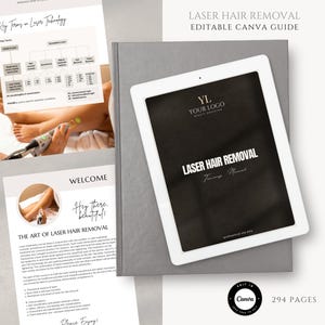 May include: A digital guide titled "Laser Hair Removal" with the text "Editable Canva Guide" is displayed on a tablet. The tablet rests on a gray book, with additional pages detailing laser hair removal procedures. The Canva logo is visible.