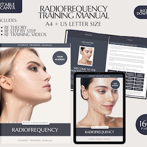 Puede incluir: Un manual de formación digital para el contorno corporal por radiofrecuencia. La portada presenta el rostro de una mujer con líneas dibujadas para mostrar las áreas que se pueden tratar. El manual tiene 160 páginas e incluye teoría, instrucciones paso a paso y videos de formación.