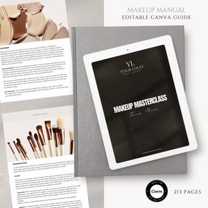 May include: A digital makeup manual titled "Makeup Masterclass" displayed on a tablet. The manual features pages with text and images of makeup brushes and concealer. The text "Your Logo" is at the top. The Canva logo is visible.