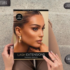 Peut inclure: Un manuel de formation aux extensions de cils avec le visage d'une femme sur la couverture. Le titre est "Lash Extensions Training Manual" et le texte "140 Pages" est en bas à droite.