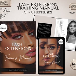 May include: A digital training manual for lash extensions, with a black and white cover featuring a woman with long lashes. The manual is 140 pages long and includes client forms, consent, design, and care information. The manual is available in A4 and US letter sizes.