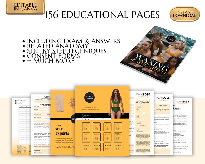 Face & Body Waxing Training Manual including Sugaring, Estheticians Waxing Guide, Learn or Teach, Wax eBook, Waxing Guide, Edit in Canva