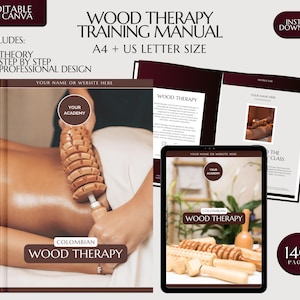 Puede incluir: Un Manual de Formación en Terapia de Madera con el texto "Wood Therapy Training Manual" y "Colombian Wood Therapy". El manual incluye teoría e instrucciones paso a paso. La imagen también muestra una tableta y una herramienta de masaje de madera.