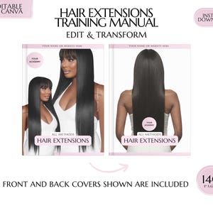 Könnte beinhalten: Vorder- und Rückseite eines Trainingshandbuchs für Haarverlängerungen. Die Cover zeigen ein Model mit langen schwarzen Haaren. Der Text auf dem Cover lautet "Hair Extensions Training Manual, Edit & Transform, All Methods Hair Extensions".