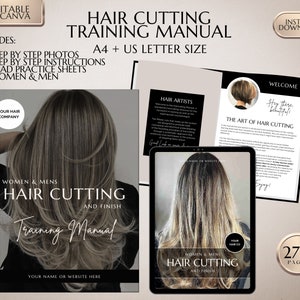 以下が含まれることがあります： 「Women & Mens Hair Cutting and Finish Training Manual」というタイトルの白黒のヘアカットトレーニングマニュアル。このマニュアルには、ステップバイステップの写真、手順、ヘッド練習シートが含まれており、女性と男性の両方で使用できます。このマニュアルは270ページあり、A4とUSレターサイズで入手できます。