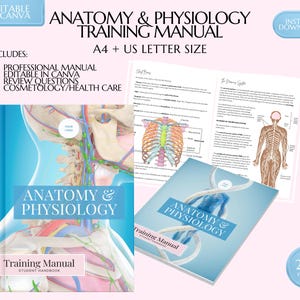 May include: A blue and white training manual with the title "Anatomy & Physiology Training Manual" and the text "230 Pages". The manual features illustrations of the human body, including the skeletal system, muscular system, and nervous system.