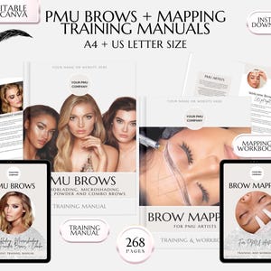 Puede incluir: Un paquete de productos digitales para artistas de PMU, que incluye manuales de formación para microblading, cejas en polvo, cejas combinadas y mapeo de cejas. El paquete incluye 268 páginas de contenido y está disponible para descarga instantánea.