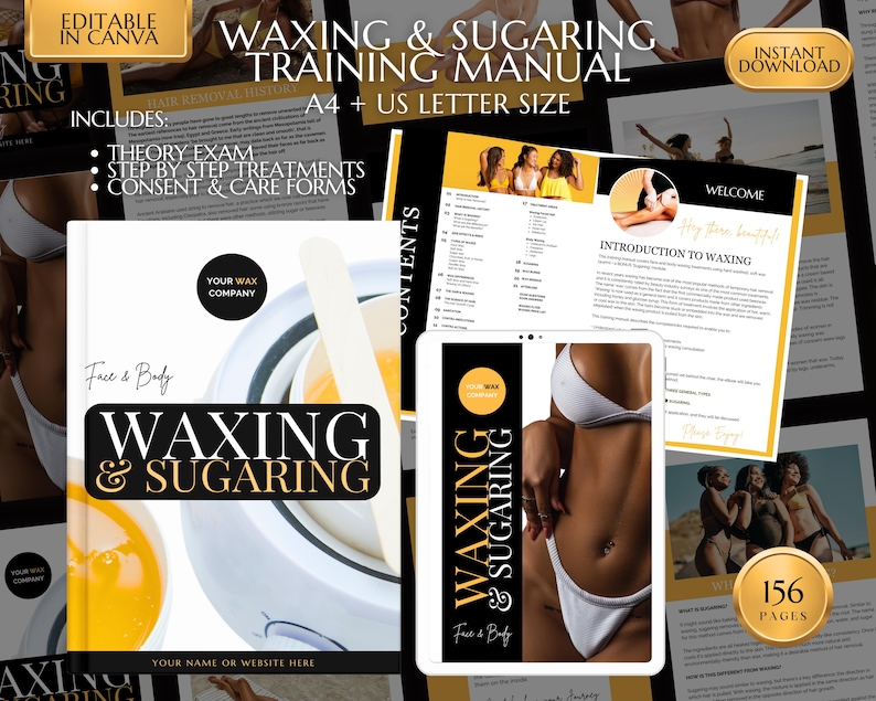 Face & Body Waxing Training Manual including Sugaring, Estheticians Waxing Guide, Learn or Teach, Wax eBook, Waxing Guide, Edit in Canva