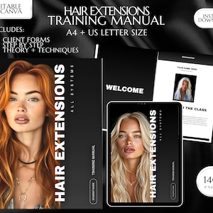 ヘアエクステンショントレーニングマニュアル、ケラチンボンドフュージョン、縫い付け、ウェフト、手結び、学生スタイリスト、美容、学ぶ、教える、Canvaで編集