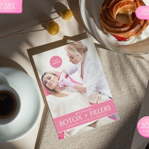 May include: A pink and white brochure with the text "BEGINNERS BOTOX + FILLERS COSMETIC AESTHETICS MANUAL" and "200 PAGES". The brochure is on a light brown surface with a cup of coffee and a pastry on a plate.