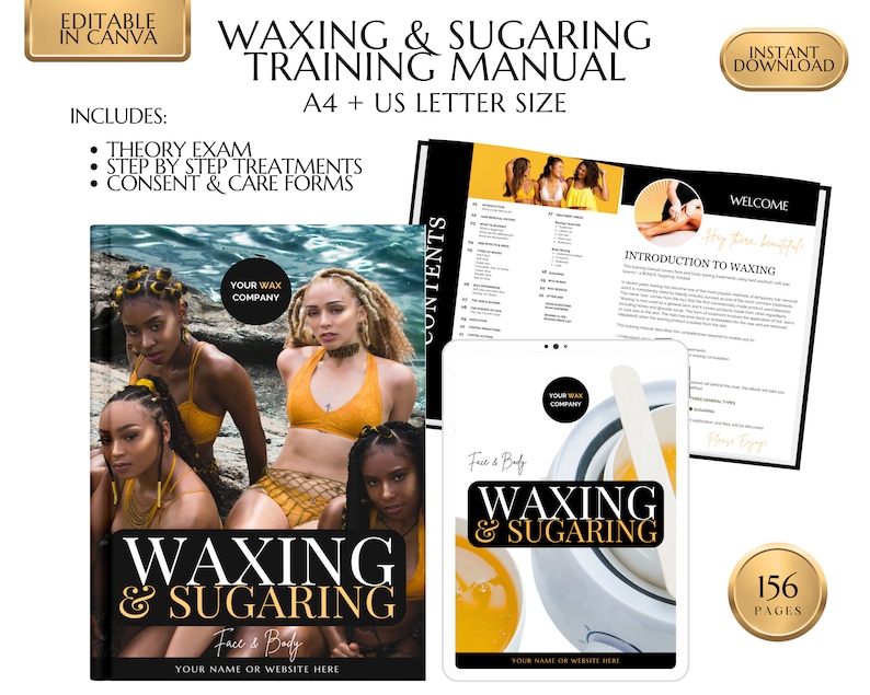 Face & Body Waxing Training Manual including Sugaring, Estheticians Waxing Guide, Learn or Teach, Wax eBook, Waxing Guide, Edit in Canva