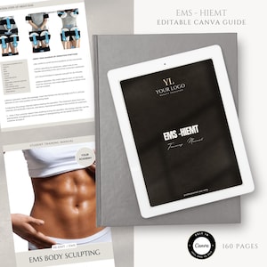 Op de afbeelding: Afbeelding met een witte tablet met de tekst "EMS-HIEMT Training Manual" op een grijs boek, met twee open handleidingen. Eén handleiding toont schema's van EMS-apparatuur en de andere toont de tekst "EMS Body Sculpting". Het Canva-logo is ook zichtbaar.