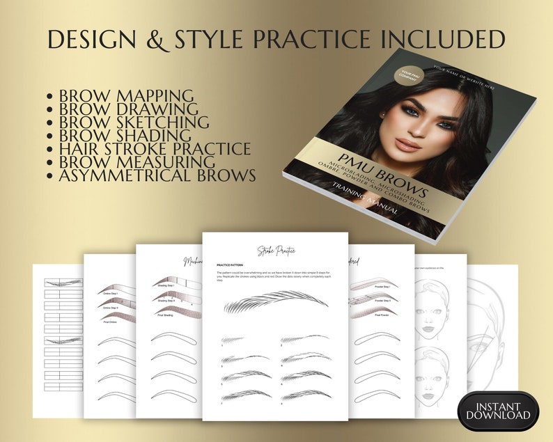 Permanent Makeup PMU Training Manual, Microblading, Microshading, Ombre, Powder Brows, Color Correction, Combo Brow, Student Guide, Editable