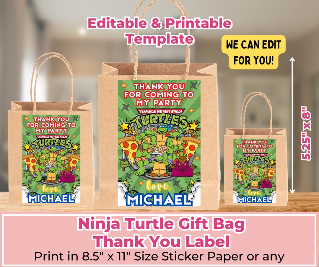 Fake Ninja Rurtle Label Turtle Ninja Custom Gift Bag Label, Turtle Ninja Thank You Gift Bag ...