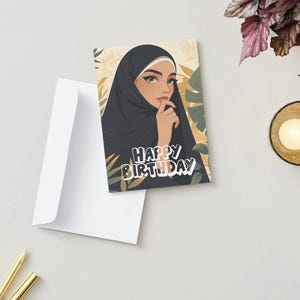 Elegante hijabi-verjaardagskaart - digitale download - moslimvrouw illustratie - islamitische verjaardagscadeau - afdrukbare wenskaartkunst