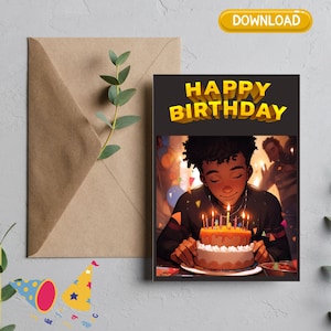 Digital Download Afro Black Art Birthday Card - Unique and Celebratory Greeting - PDF File - 5x7 Printable - Greeting Cards