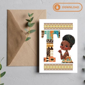 Unieke afrocentrische digitale download initialen wenskaart letter "T" - gepersonaliseerd etnisch ontwerp - initialenkaart - verjaardagscadeau