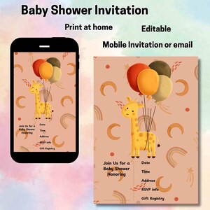 Bearbeitbare Babypartyeinladungskarte | Mobile Größe Digitaler Download | 10x14cm | Giraffe & Regenbogen Thema