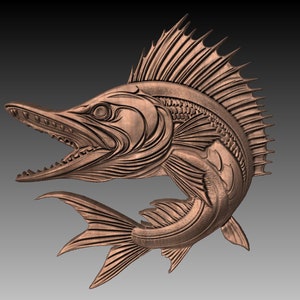 Könnte beinhalten: Eine detaillierte, bronzefarbene, 3D-gedruckte Skulptur eines Fisches mit offenem Maul und ausgebreiteten Flossen.