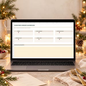 May include: A laptop screen displaying a digital Christmas Dinner Dashboard spreadsheet. The interface includes sections for dishes, total servings, shopping bought, estimated cost, actual cost, difference, and a Christmas Eve preparation list.