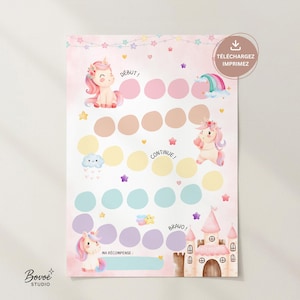 Peut inclure: Une affiche de récompense sur le thème des licornes, rose et blanche, avec des illustrations de licornes, un arc-en-ciel et un château. L'affiche comprend des espaces pour les autocollants et le texte "Début!", "Continue!", et "Bravo!"