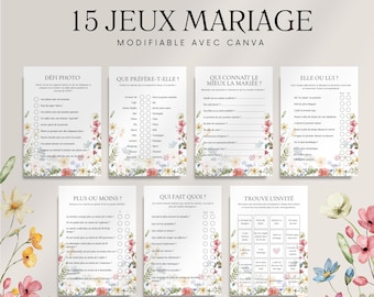 Wedding Games in French, Table Activities, Photo Challenges, 12-Month Game - Editable with Canva for Weddings & Hen Parties