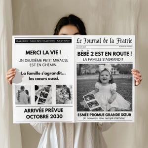 Peut inclure: Annonce de grossesse de style journal en noir et blanc avec les titres "Merci La Vie !" et "Bébé 2 est en Route !". L'annonce comprend des photos et la date d'arrivée prévue en octobre 2030.