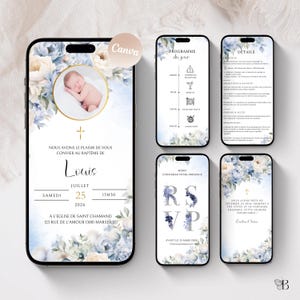 Faire-part Baptême Garçon Bleu Invitation Numérique Personnalisable Canva Modèle à Télécharger Baptême Religieux