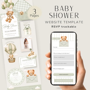 Könnte beinhalten: Eine Babyparty-Website-Vorlage mit Teddybär-Motiv in Salbeigrün und Creme. Das Design enthält Illustrationen von Teddybären, Heißluftballons und Umschlägen sowie den Text Baby Shower, 3 Pages und RSVP trackable.