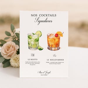 Cocktails signature en français, Affiche Mariage Menu Bar modifiable avec Canva
