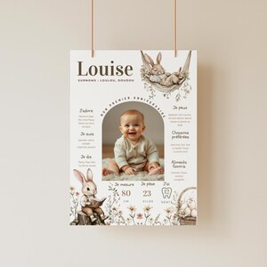 Affiche anniversaire 1 an Lapin mixte, modèle Canva personnalisé à imprimer, Poster souvenir bébé fille ou garçon A4 PDF