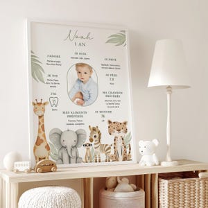Affiche anniversaire Jungle personnalisée Poster 1 an thème safari à imprimer modèle Canva photo bébé
