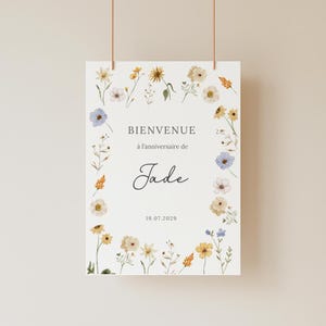 Affiche bienvenue anniversaire Fleurie modèle Canva en français personnalisable et à imprimer
