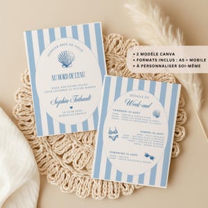 Invitation EVJF Bord de Plage Coquillage Bleu Faire-part Canva Modifiable en Français