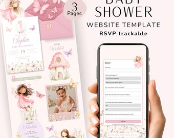 Peut inclure: Un modèle de site web pour baby shower comprenant trois pages avec des illustrations de fées et de papillons dans des tons roses et pastel. Le design inclut un formulaire RSVP, un programme et des espaces photo. Texte : BABY SHOWER, RSVP, 3 Pages.