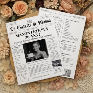Pode incluir: Uma impressão em estilo jornal com o título "La Gazette de Manon" celebrando um 30º aniversário. A imagem em preto e branco apresenta uma mulher segurando um bolo, rodeada de flores. O texto inclui frases em francês.