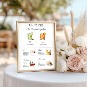 Affiche Cocktail Mariage, Carte des Boissons signature en Français Modifiable avec Canva, Téléchargement Instantané