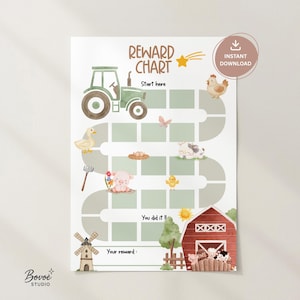 Peut inclure: Une affiche de récompense de style aquarelle avec un tracteur vert, des animaux de la ferme et une grange rouge. L'affiche comprend le texte "REWARD CHART", "Start here", "You did it !!" et "Your reward:". Une étoile et "INSTANT DOWNLOAD" sont également visibles.